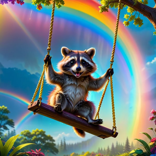 Picture of a swinging on a swing of a raccoon on the rainbow