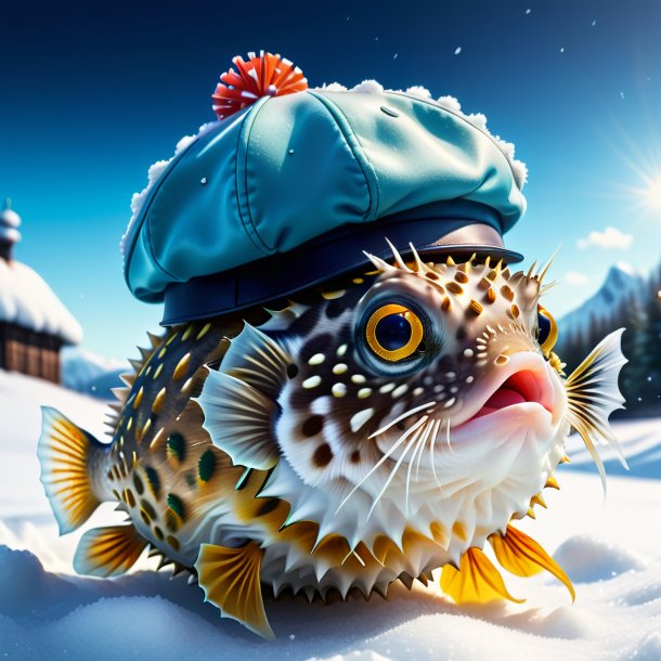 Illustration of a pufferfish in a cap in the snow