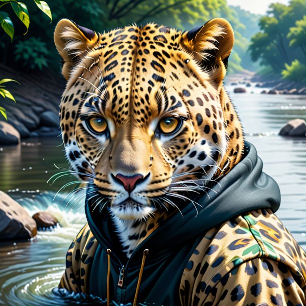 Dibujo de un leopardo en una sudadera en el río