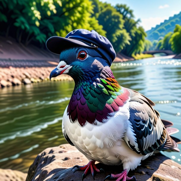 Foto de una paloma en un gorro en el río