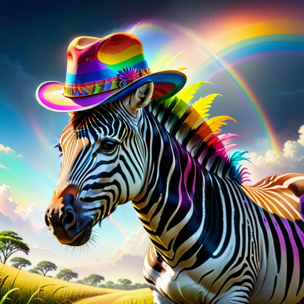 Drawing of a zebra in a hat on the rainbow