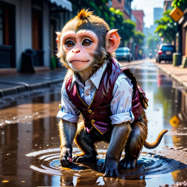 Pic of a monkey in a vest in the puddle