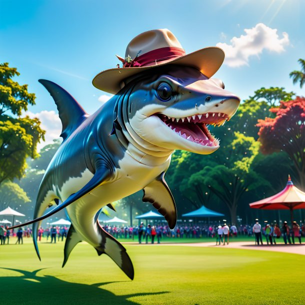 Pic of a hammerhead shark in a hat in the park