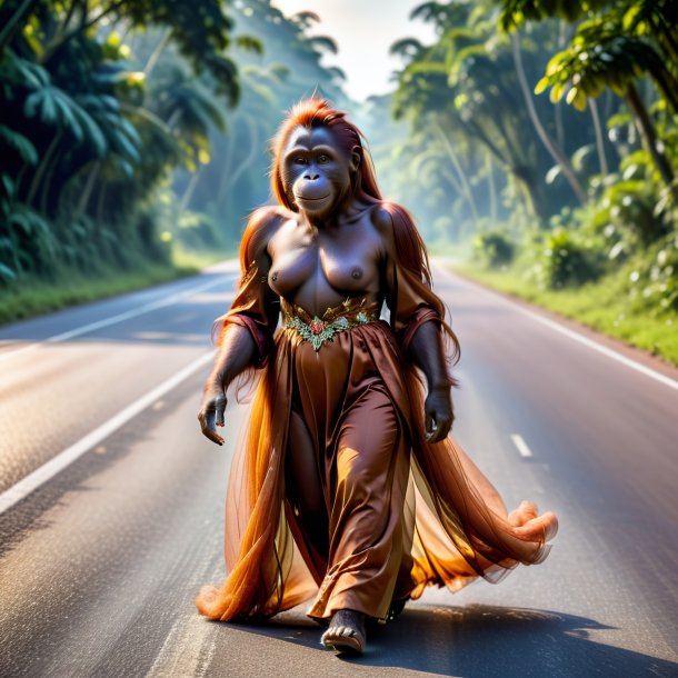 Foto de um orangotango em um vestido na estrada