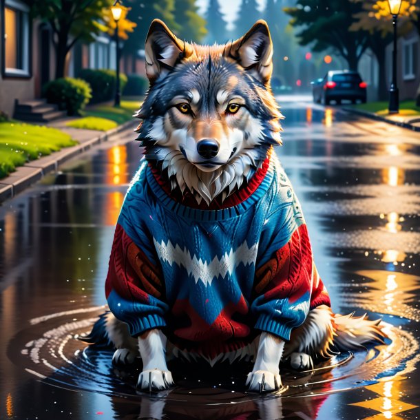 Picture of a wolf in a sweater in the puddle