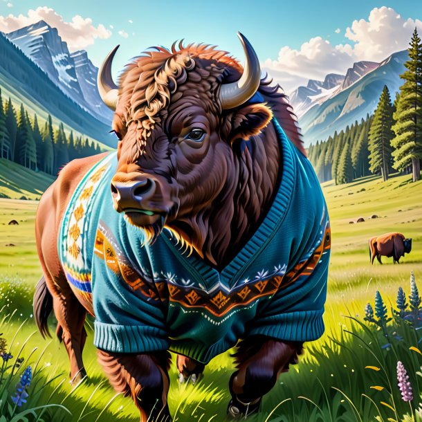 Dessin d'un bison dans un pull dans la prairie