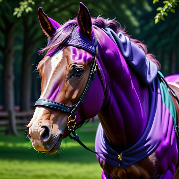 Imagen de un caballo en una sudadera púrpura