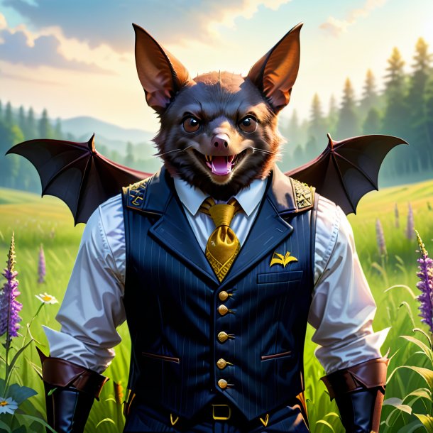 Illustration of a bat in a vest in the meadow