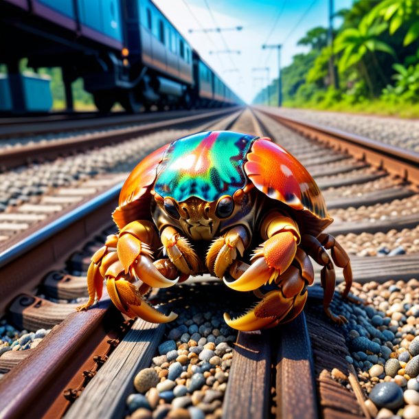 Foto de una espera de un cangrejo ermitaño en las vías del ferrocarril