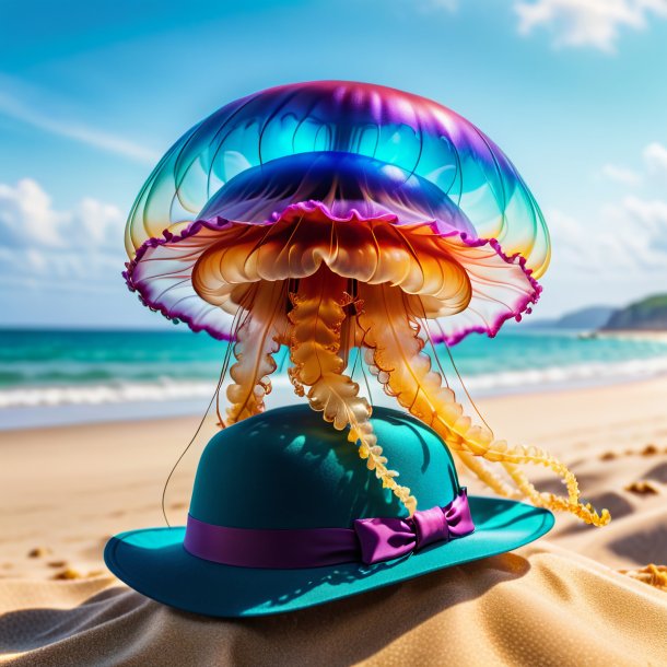 Foto de una medusa en un sombrero en la playa