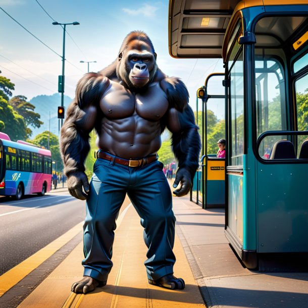 Image of a gorilla in a trousers on the bus stop