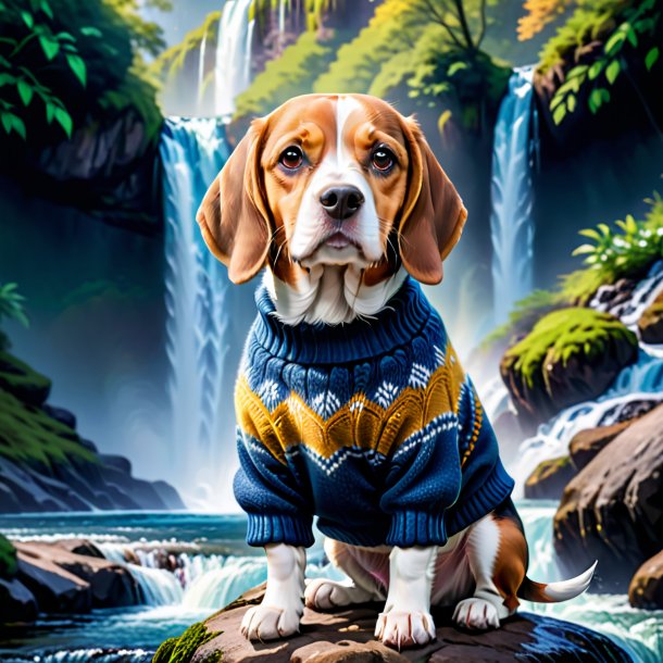 Imagem de um beagle em um suéter na cachoeira