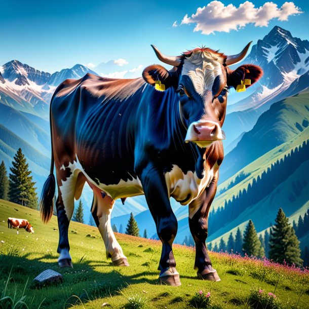 Photo of a cow in a jeans in the mountains