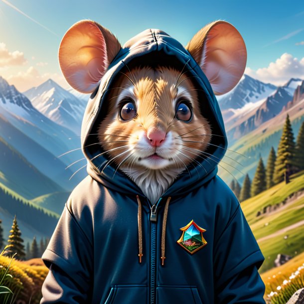 Picture of a mouse in a hoodie in the mountains