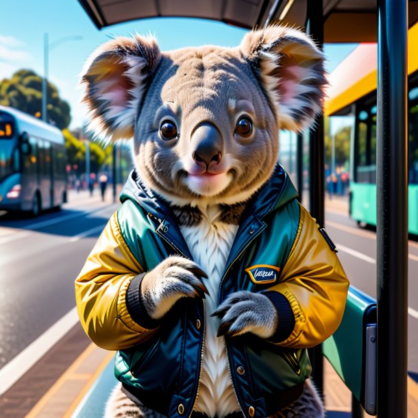 Photo d'un koala dans une veste sur l'arrêt de bus