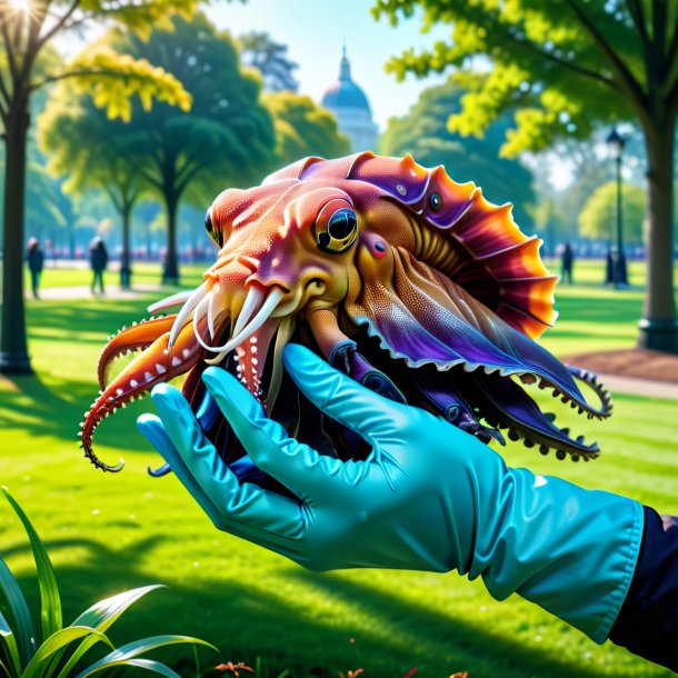 Drawing of a cuttlefish in a gloves in the park