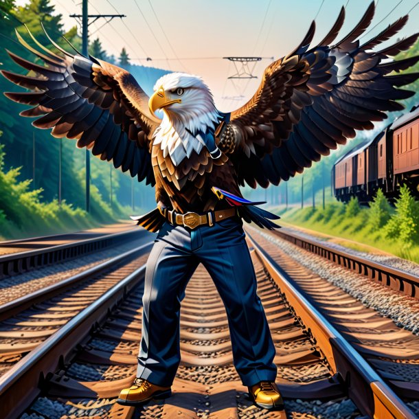 Drawing of a eagle in a trousers on the railway tracks