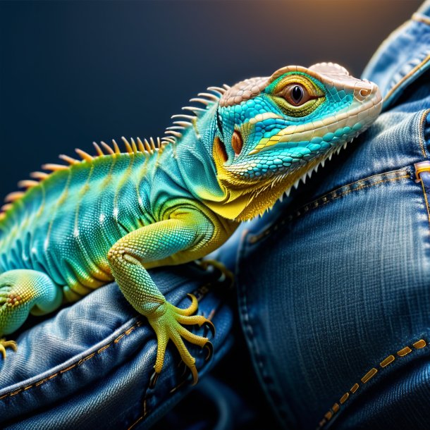 Imagem de um lagarto em um jeans azul