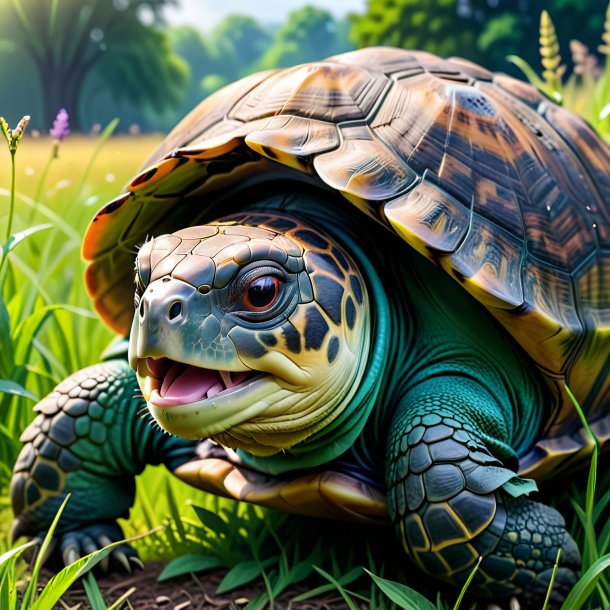 Photo of a crying of a tortoise in the meadow