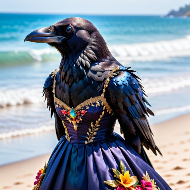 Foto de um corvo em um vestido na praia