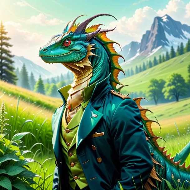 Drawing of a basilisk in a coat in the meadow