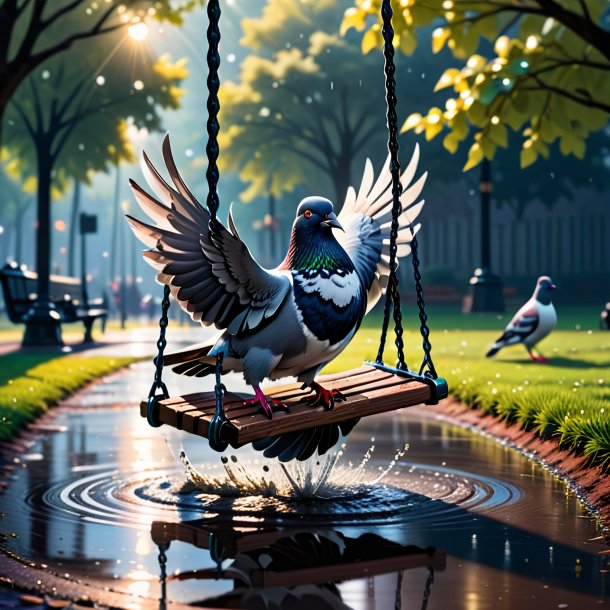 Pic of a swinging on a swing of a pigeon in the puddle