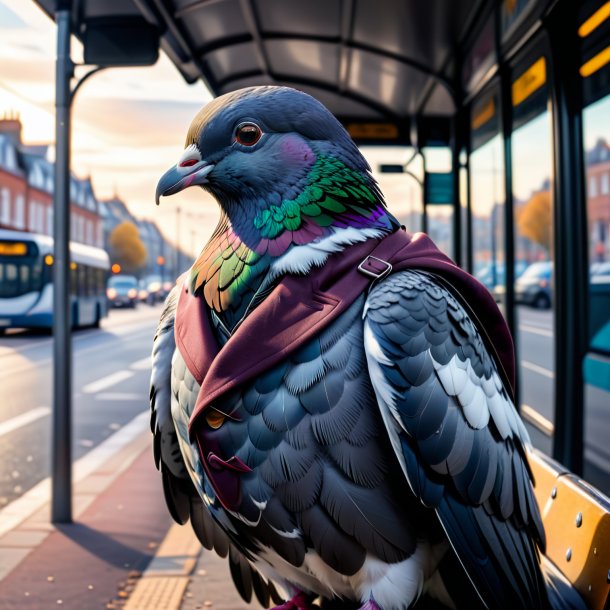 Image of a pigeon in a coat on the bus stop