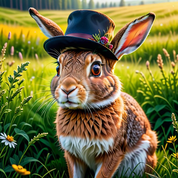 Pic of a hare in a hat in the meadow