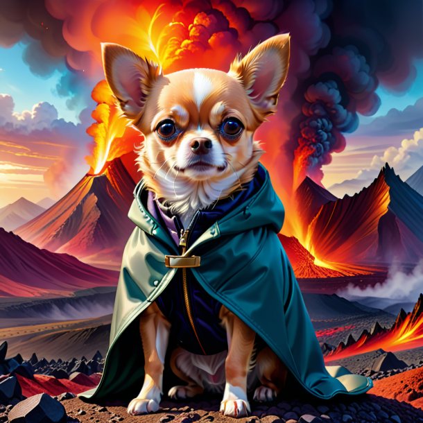 Illustration of a chihuahua in a coat in the volcano