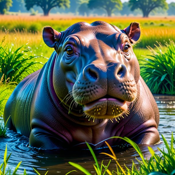 Photo of a drinking of a hippopotamus in the meadow