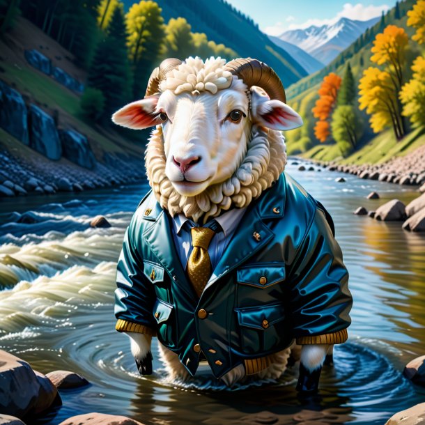 Illustration of a sheep in a jacket in the river