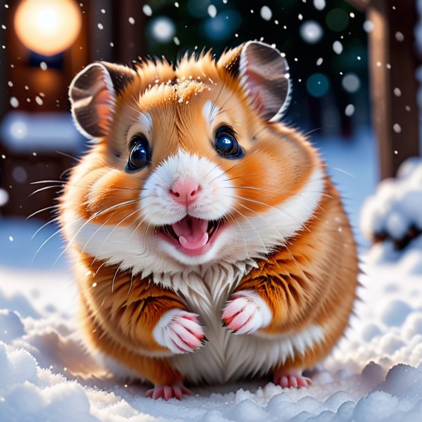 Photo of a smiling of a hamster in the snow