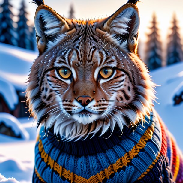 Photo of a lynx in a sweater in the snow