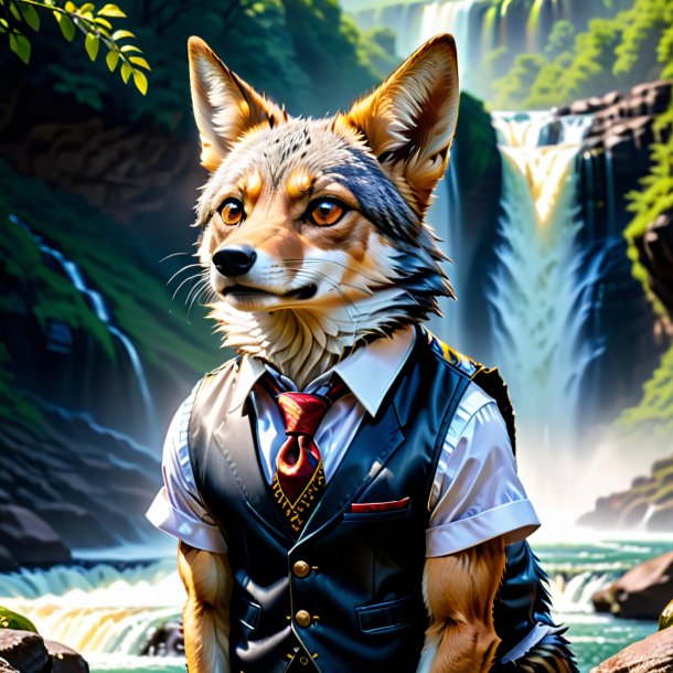 Image of a jackal in a vest in the waterfall