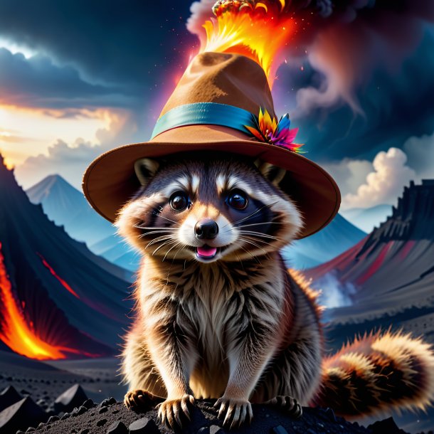 Picture of a raccoon in a hat in the volcano