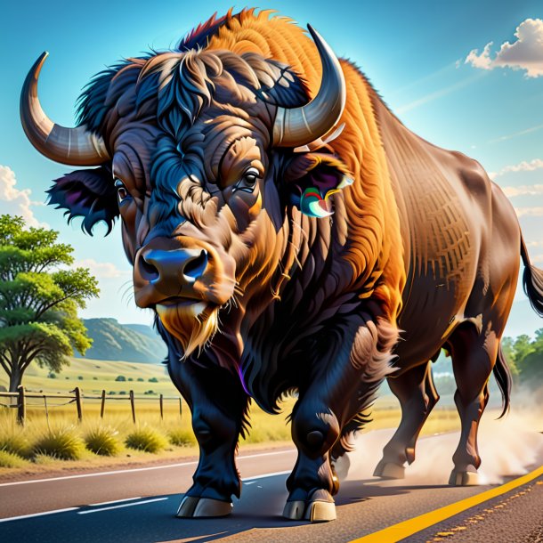 Drawing of a buffalo in a belt on the road