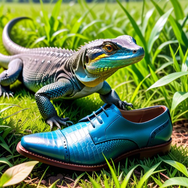 Foto de um lagarto monitor em um sapatos no prado