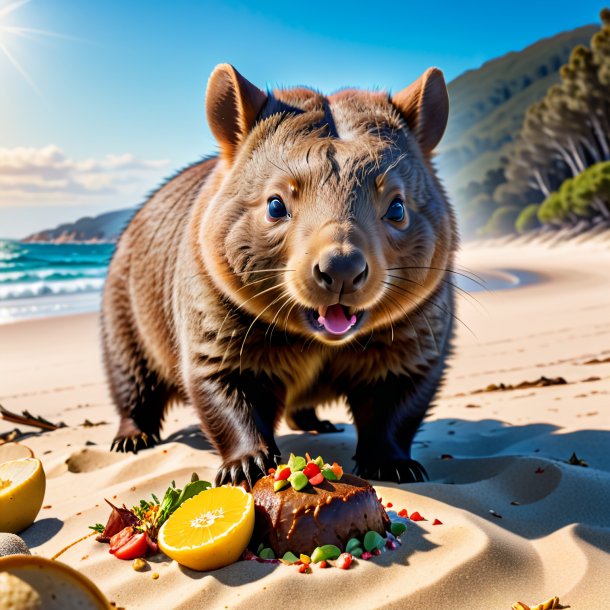 Imagem de um comer de um wombat na praia