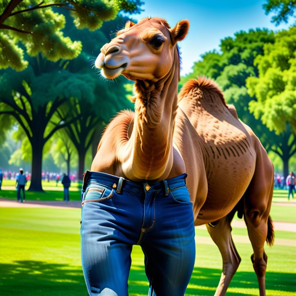 Image d'un chameau dans un jean dans le parc