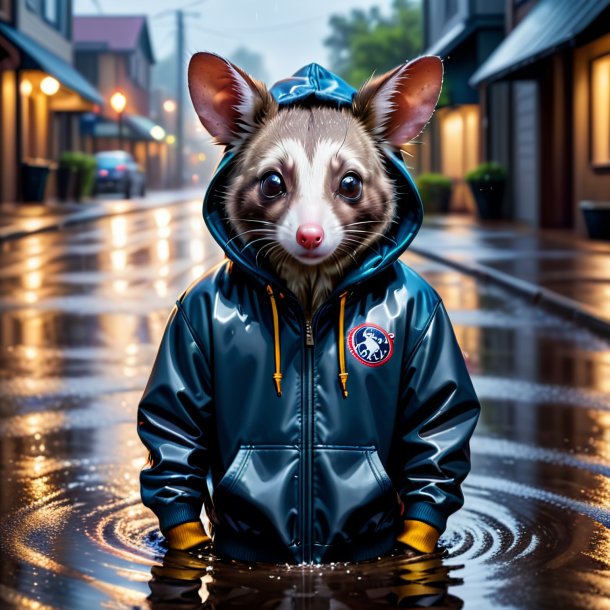 Foto de una zarigüeya en una sudadera con capucha en el charco