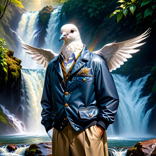 Photo of a dove in a jacket in the waterfall