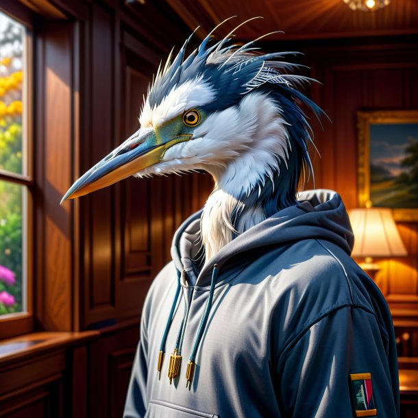 Image of a heron in a hoodie in the house