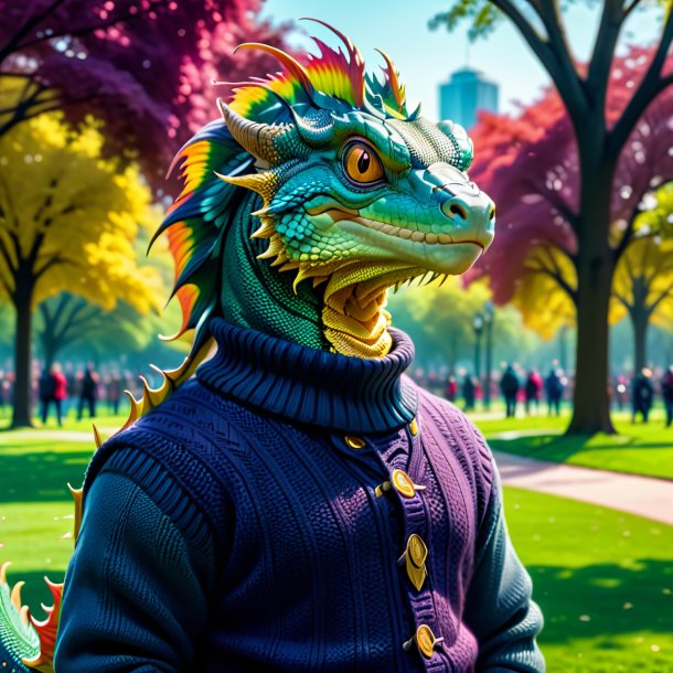 Image of a basilisk in a sweater in the park