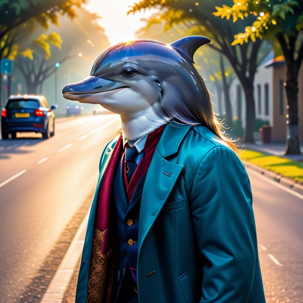 Picture of a dolphin in a coat on the road