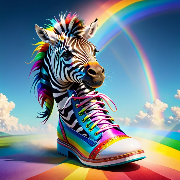 Drawing of a zebra in a shoes on the rainbow