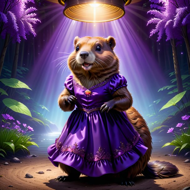 Imagem de um castor em um vestido roxo