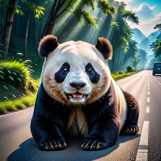 Photo of a resting of a giant panda on the road