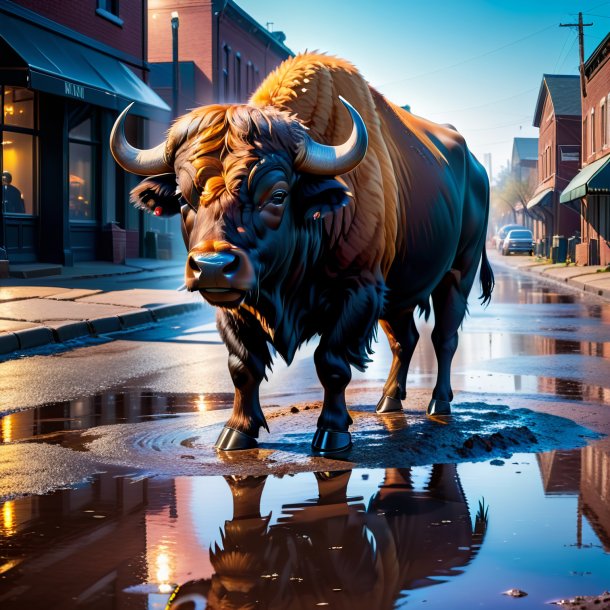 Pic of a buffalo in a gloves in the puddle