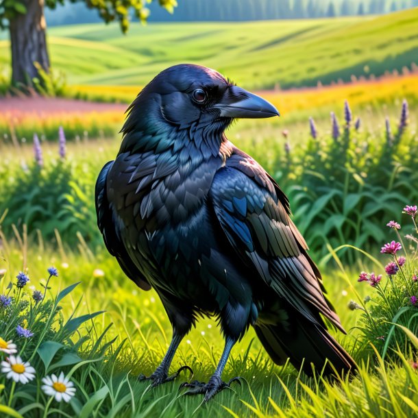 Photo d'un corbeau dans une jupe dans la prairie