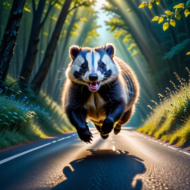 Image of a jumping of a badger on the road